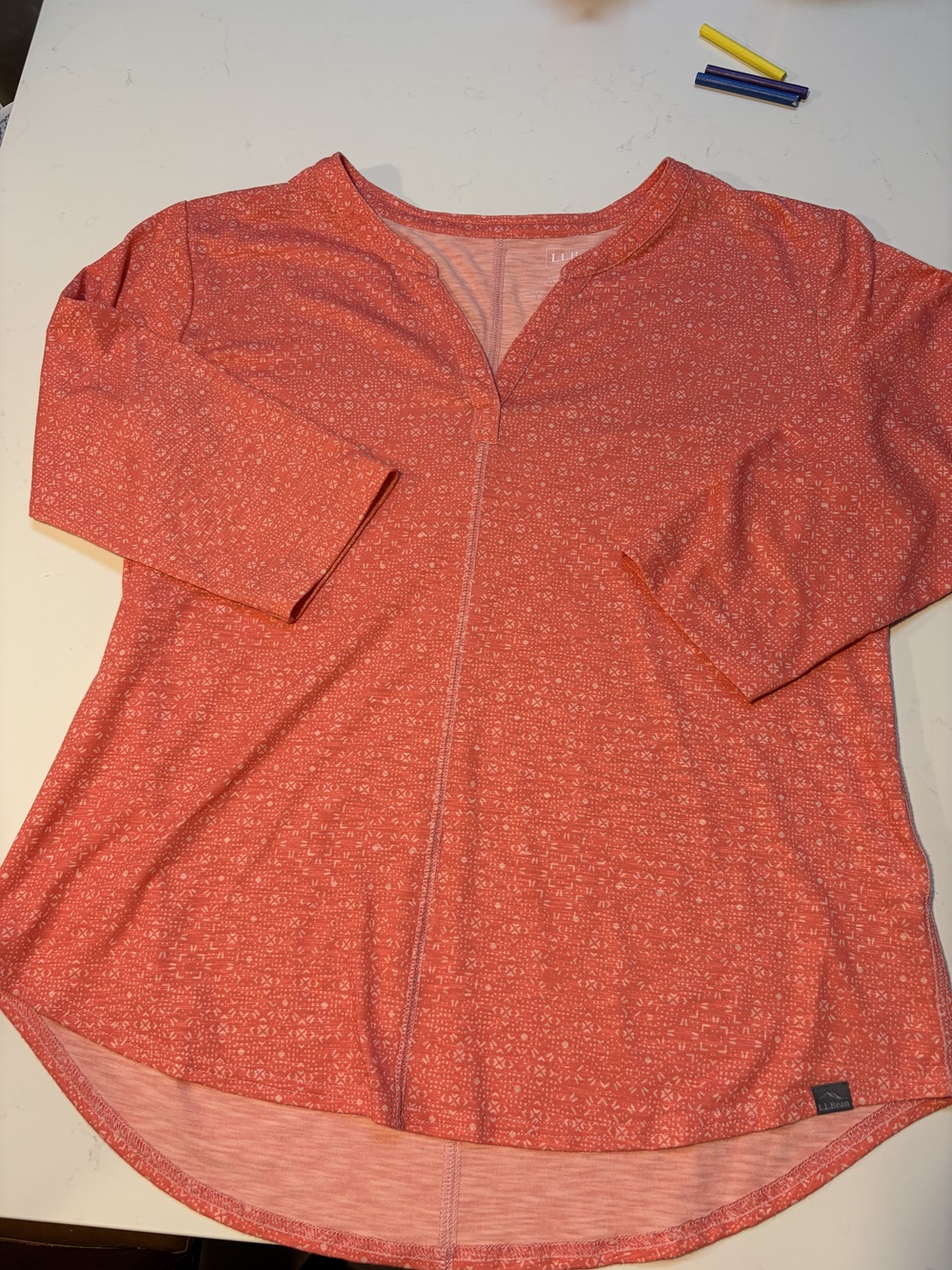 L.L. Bean Streamside Tee Women's Coral Top Size Large 3/4 Sleeve Split Neck